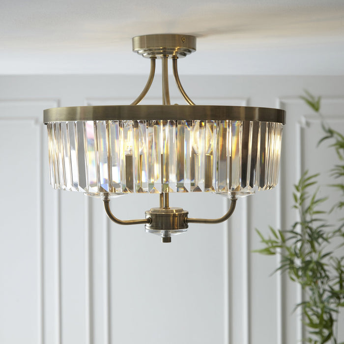 Endon 102506 Semi Flush Ceiling 3 Light Antique Brass Plate And Clear Cut Glass