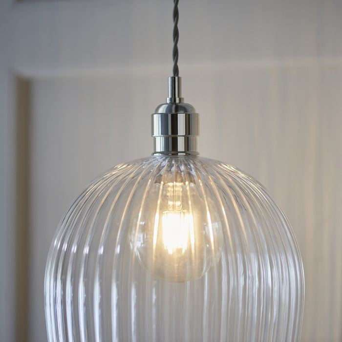 Endon 103675 Pendant 1 Light Bright Nickel Plate And Clear Ribbed Glass