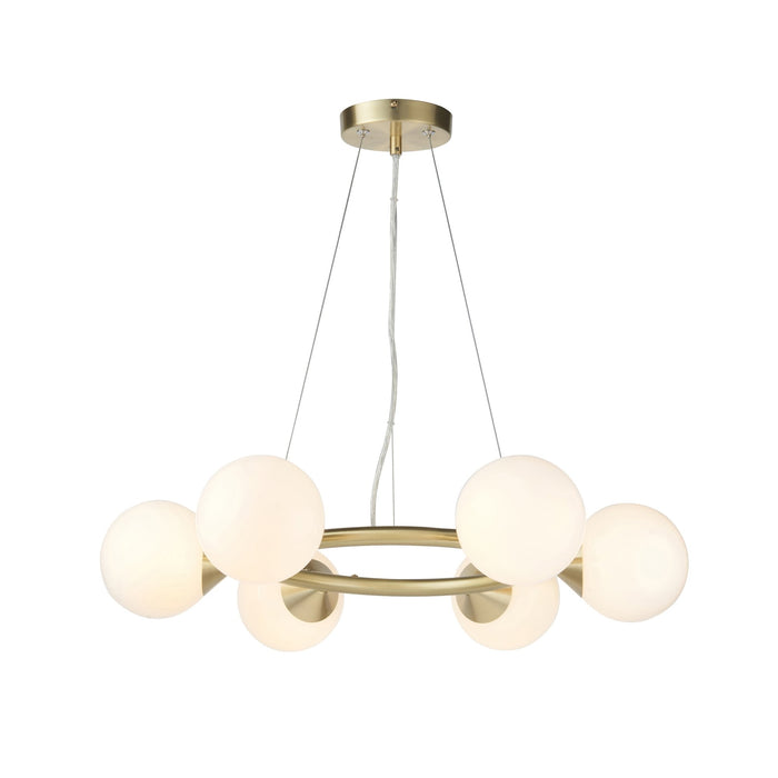 Endon 106390 Pendant 6 Light Satin Brass Plate And Gloss White Glass