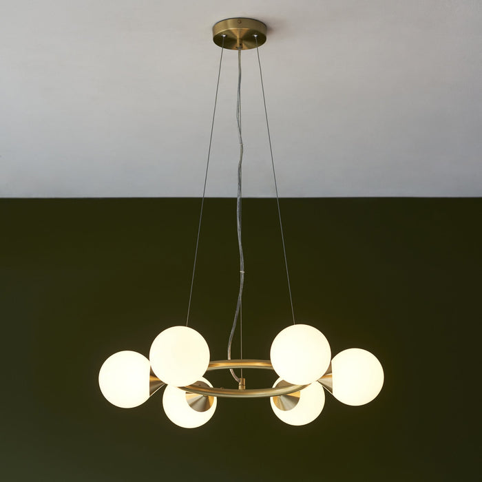 Endon 106390 Pendant 6 Light Satin Brass Plate And Gloss White Glass
