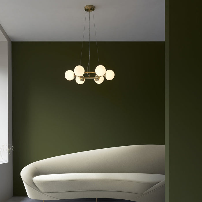 Endon 106390 Pendant 6 Light Satin Brass Plate And Gloss White Glass