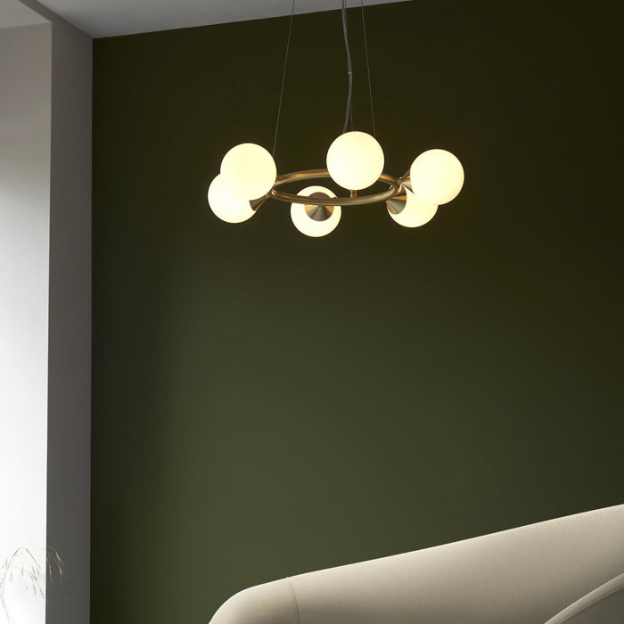 Endon 106390 Pendant 6 Light Satin Brass Plate And Gloss White Glass