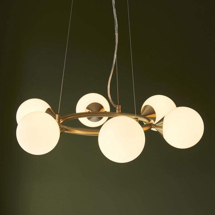 Endon 106390 Pendant 6 Light Satin Brass Plate And Gloss White Glass