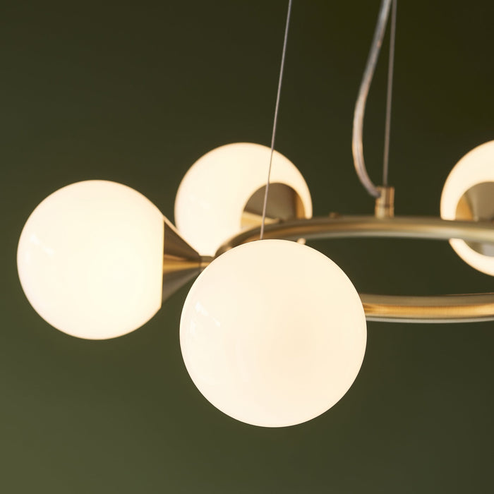 Endon 106390 Pendant 6 Light Satin Brass Plate And Gloss White Glass