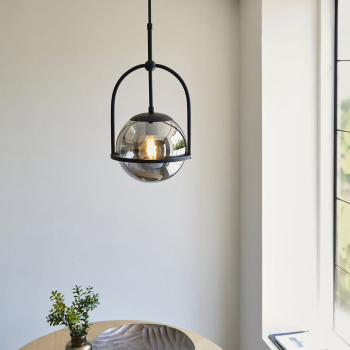 Endon 106663 Pendant 1 Light Matt Black And Smoked Mirror Glass
