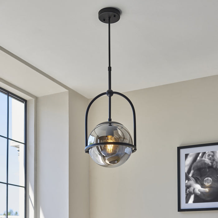 Endon 106663 Pendant 1 Light Matt Black And Smoked Mirror Glass
