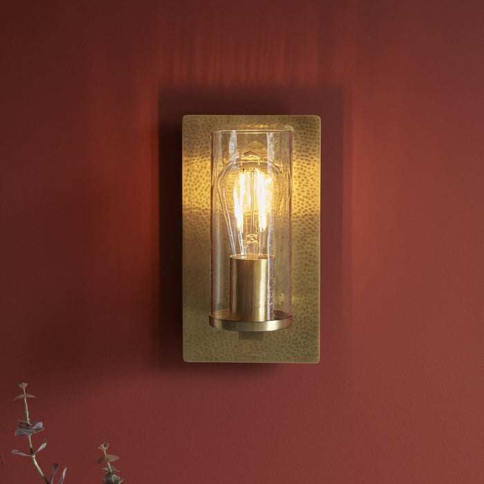 Nelson Lighting NL146717 Wall 1 Light Hammered Brass Plate And Textured Clear Glass