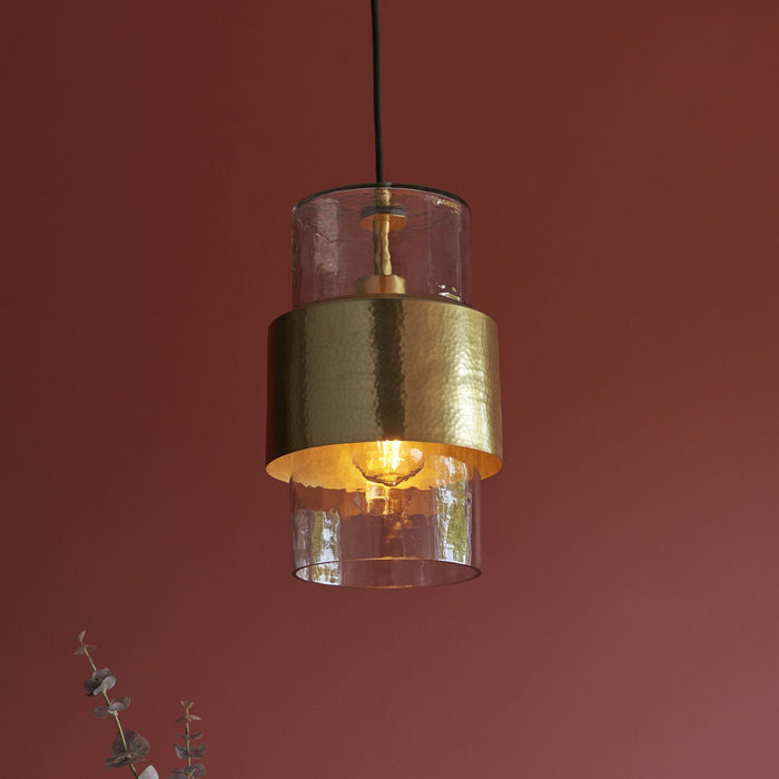 Endon 106718 Pendant 1 Light Hammered Brass Plate And Textured Clear Glass