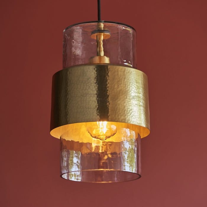 Endon 106718 Pendant 1 Light Hammered Brass Plate And Textured Clear Glass