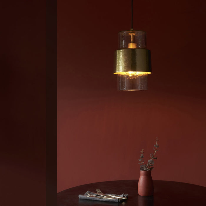 Endon 106718 Pendant 1 Light Hammered Brass Plate And Textured Clear Glass