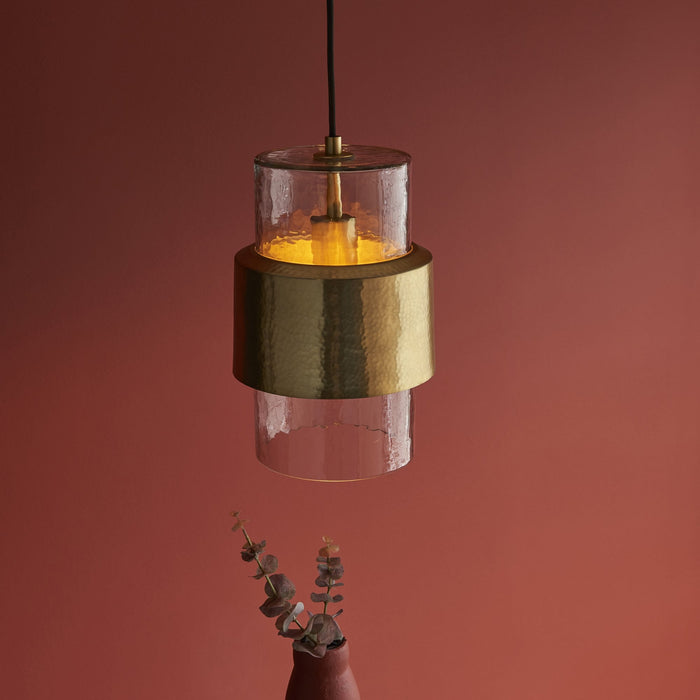 Endon 106718 Pendant 1 Light Hammered Brass Plate And Textured Clear Glass