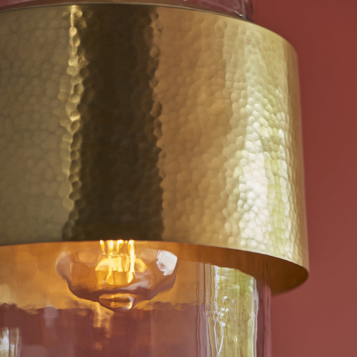 Endon 106718 Pendant 1 Light Hammered Brass Plate And Textured Clear Glass
