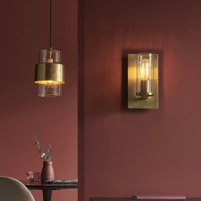 Endon 106718 Pendant 1 Light Hammered Brass Plate And Textured Clear Glass