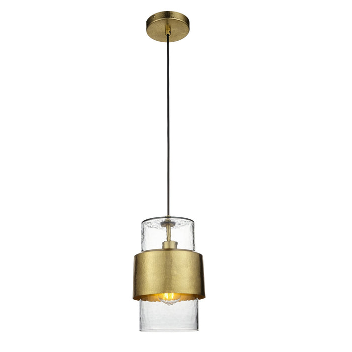 Nelson Lighting NL146718 Pendant 1 Light Hammered Brass Plate And Textured Clear Glass