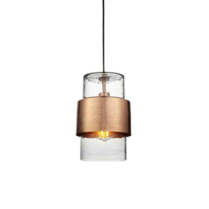 Nelson Lighting NL146720 Pendant 1 Light Hammered Copper Plate And Textured Clear Glass