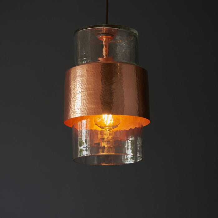 Nelson Lighting NL146720 Pendant 1 Light Hammered Copper Plate And Textured Clear Glass