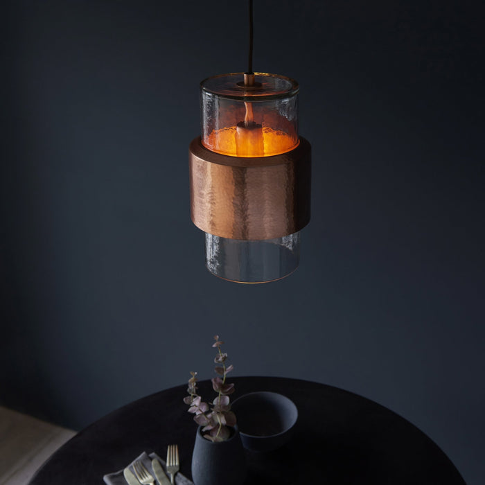 Endon 106720 Pendant 1 Light Hammered Copper Plate And Textured Clear Glass
