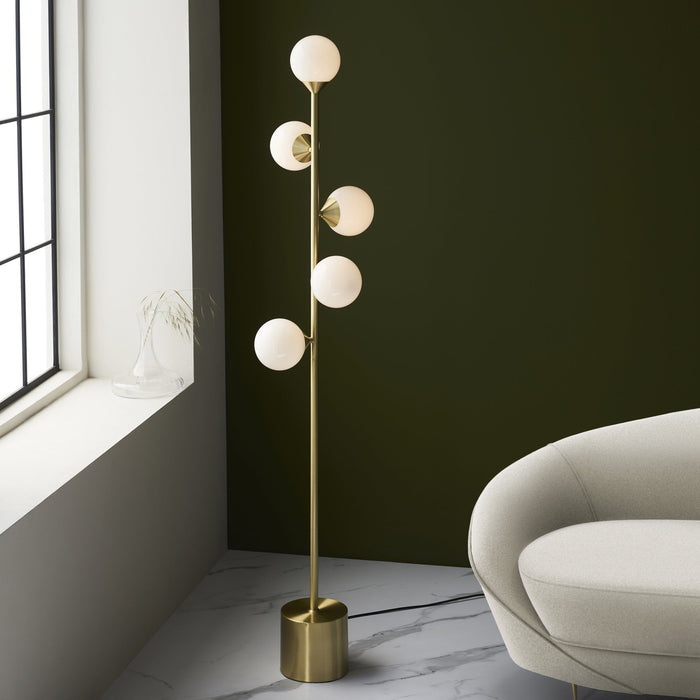 Endon 106756 Floor Lamp 5 Light Satin Brass Plate And Gloss White Glass