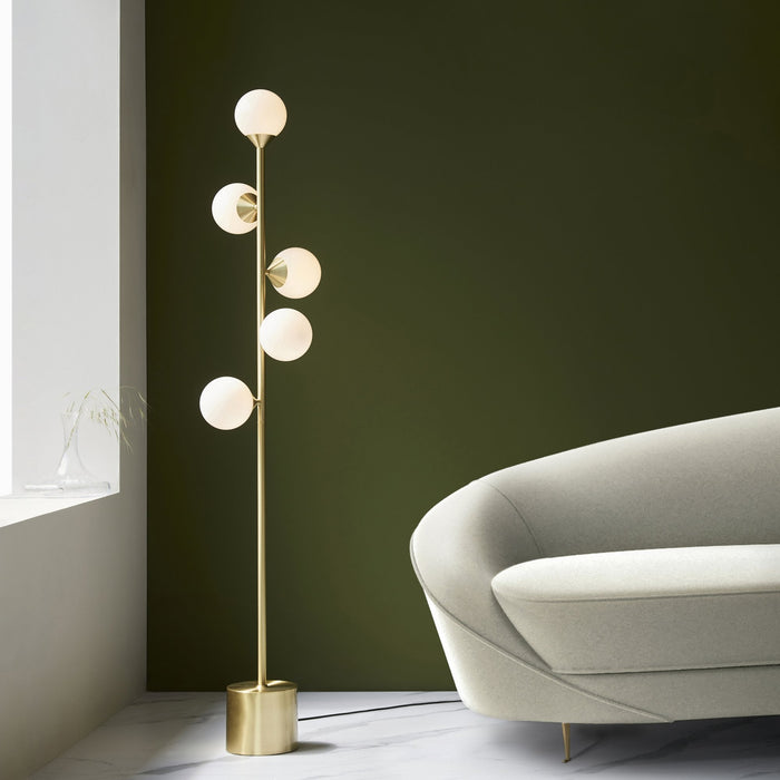 Endon 106756 Floor Lamp 5 Light Satin Brass Plate And Gloss White Glass