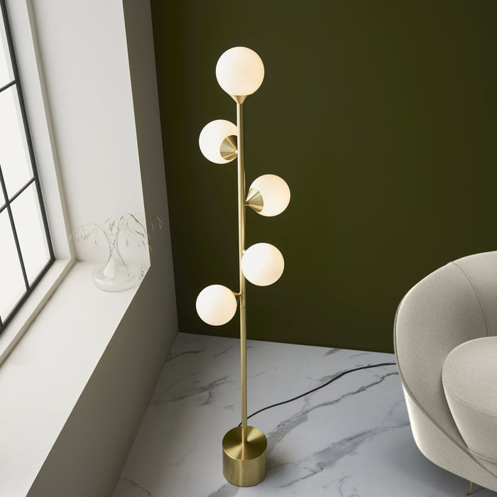 Endon 106756 Floor Lamp 5 Light Satin Brass Plate And Gloss White Glass