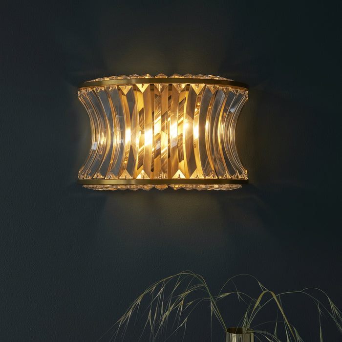 Endon 106812 Wall 2 Light Warm Brass Plate With Crystal And Clear Glass