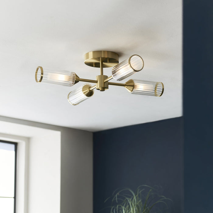 Endon 106946 Semi Flush Ceiling 4 Light Satin Brass Plate With Clear And Frosted Glass