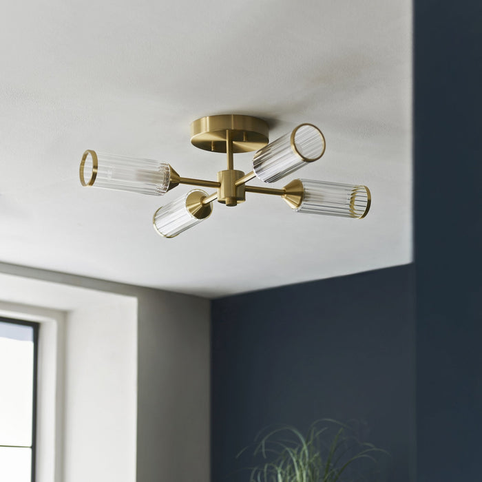Endon 106946 Semi Flush Ceiling 4 Light Satin Brass Plate With Clear And Frosted Glass