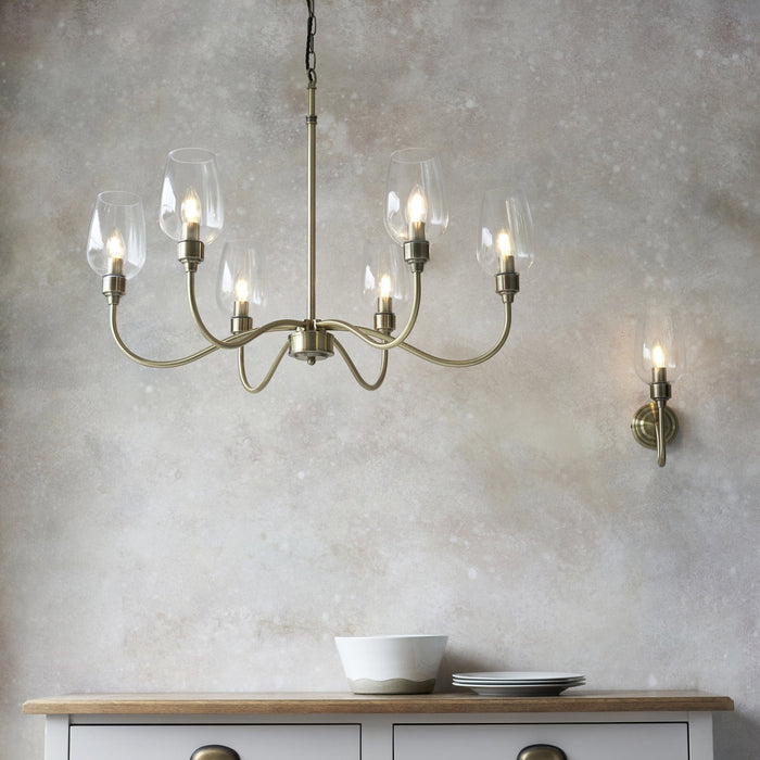 Endon 107791 Pendant 6 Light Antique Brass Plate And Clear Glass