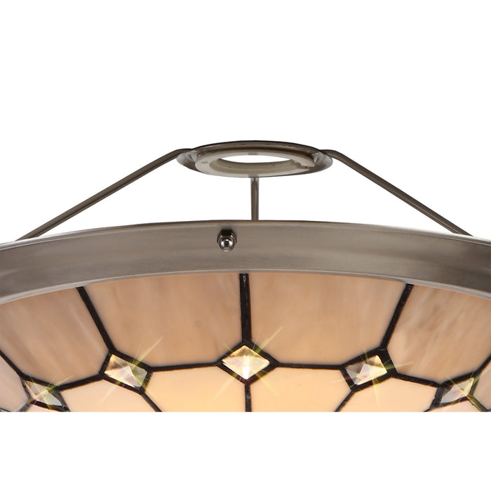 Nelson Lighting NLK00099 Archie 1 Light Pendant With 35cm Tiffany Shade CRome/Grey/Crystal Centre/Satin Nickel Brass Trim/Satin Nickel