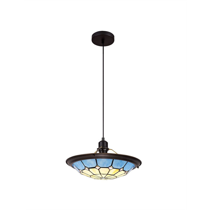 Nelson Lighting NLK00089 Archie 1 Light Pendant With 35cm Tiffany Shade CRome/Rich Blue/Clear Crystal Centre/Aged Antique Brass Trim/Black