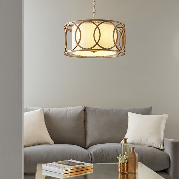 Endon 91921 4 Light Pendant Brushed Gold Paint & White Fabric